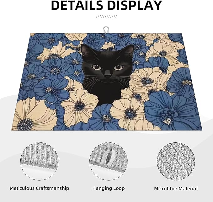 Black Cat Dish Drying Mat for Kitchen Counter Microfiber Super Absorbent Non-Slip Dish Drying Pad for Countertops Dishes Utensils Stylish Quick-Dry Machine Washable 18x24 Inch