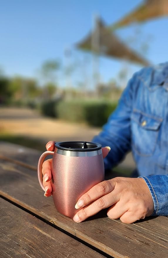 Stainless Steel Insulated Coffee Mugs Set of 2 (14 oz) – Double Wall Coffee Cups with Spill-Resistant Lid and Strong Handle, Shatterproof Cups for Cold Drinks & Hot Beverages - Rose Gold