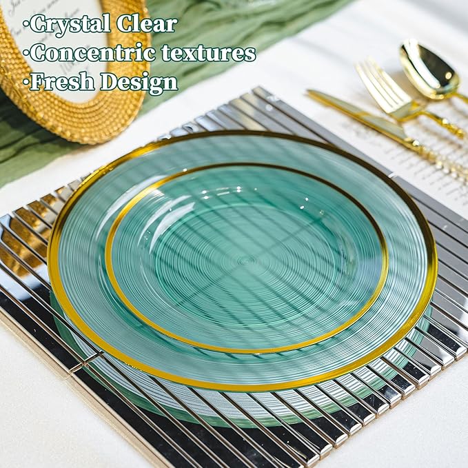 120PCS Green Plastic Plates with Gold Rim, Heavy Duty Disposable Plate, Fancy and Elegant Circular Ribbed 60 Dinner and Dessert Plates for Party, Weddings