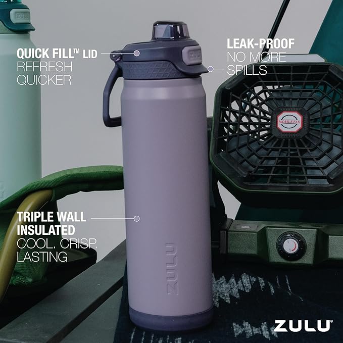 ZULU Powerfill Pro 40oz Stainless Steel Water Bottle with Quick Fill Lid, Triple Walled Vacuum Insulated Metal, Leak Proof Locking Lid, Sip and Chug, Reusable BPA Free, Amethyst