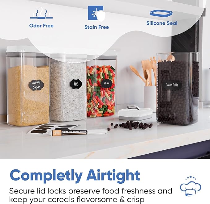 Chef's Path Large Airtight Food Storage Containers with White Lids, Set of 4, 3.2L, 109Oz, Kitchen and Pantry Canisters for Pasta, Cereal, Noodles, and Flour Storage - Transparent