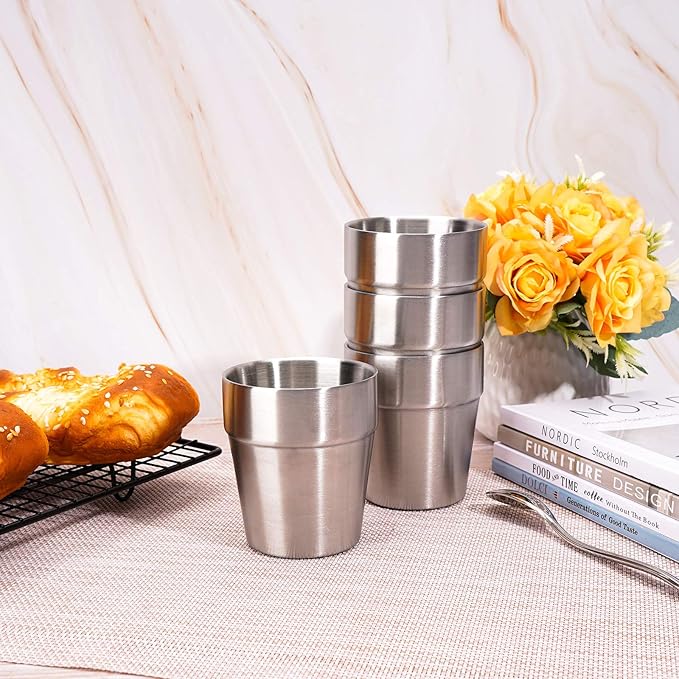 Beasea Stainless Steel Cups 8 oz, Metal Drinking Cups Set of 4, Stackable Stainless Steel Cups Double Wall Small Cup Insulated Drinking Cups Glasses for Home Restaurant Party Camping