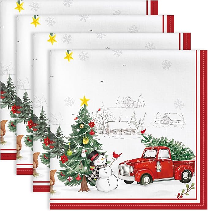 Christmas Snowman Pine Tree Napkins, 18×18 Inch Dinner Cloth Napkins Set of 4, Washable Cotton Soft Absorbent Square Table Top Decoration for Dining Kitchen Party Wedding