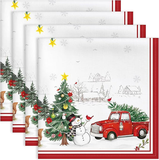 Christmas Snowman Pine Tree Napkins, 18×18 Inch Dinner Cloth Napkins Set of 4, Washable Cotton Soft Absorbent Square Table Top Decoration for Dining Kitchen Party Wedding