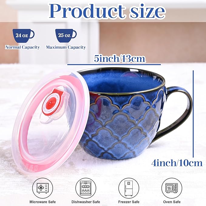 Ceramic Soup Mug, 24oz Soup Bowl with Handle & Lid, Microwave Bowl for Cereal Oatmeal Ramen Instant Noodle Salad (Dark Blue)