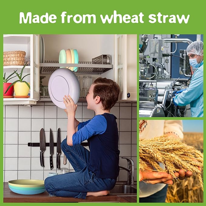 Teivio 32-Piece Kitchen Plastic Wheat Straw Dinnerware Set, Service for 8,Dinner Plates, Dessert Plate, Cereal Bowls,Cups,Unbreakable Colorful Plastic Outdoor Camping Dishes for Patio,Hues Multicolor