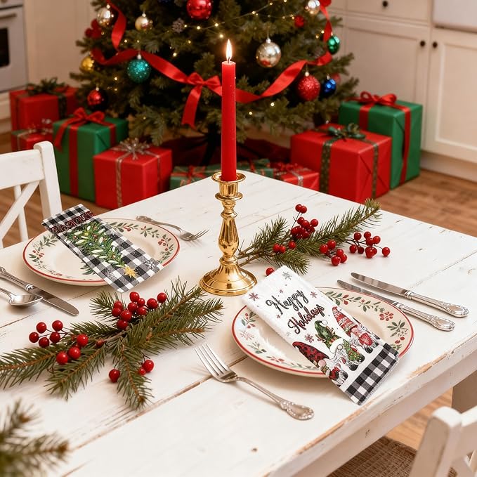 Christmas Dish Towels Set of 2-18"x26" Holiday Kitchen Towels with White & Black Checkered Design, Quick-Drying Xmas Themed Hand Towels