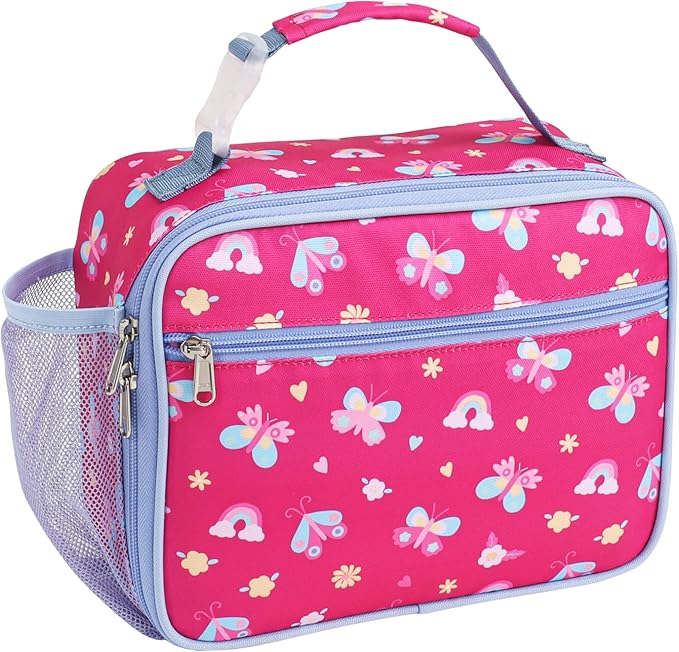 Bagseri Kids Lunch Bag for Girls - Insulated Kids Lunch Box for Daycare and School Reusable Meal Tote Bag with Water Bottle Holder, Easy-Clean Water-Resistant Fabric, Rose Pink Butterfly