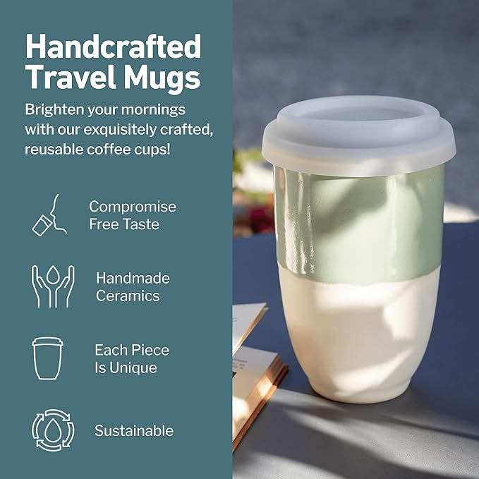Travel Mug - Ceramic To Go Coffee Mug With Lid – Travel Mug Ceramic To Go Cup – Microwave & Dishwasher Safe Ceramic Coffee Mug With Lid - Gifts For Women Men Him Her – 12oz – Sage Green