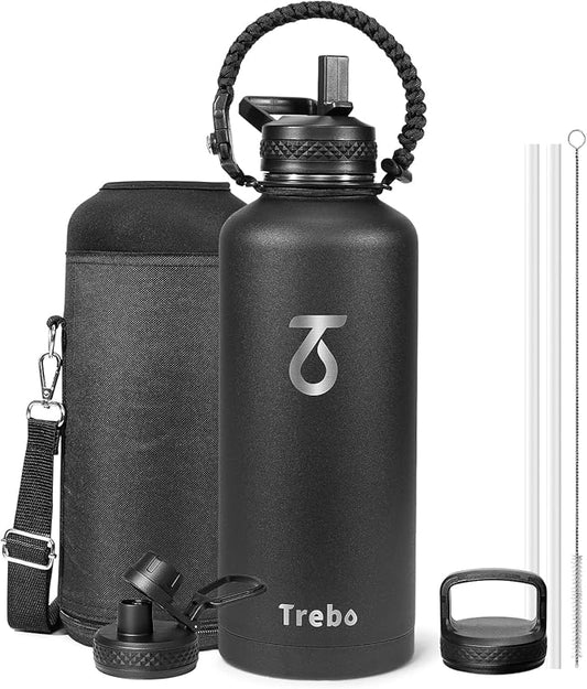 Trebo Water Bottle 87 oz with Paracord Handle, Double Wall Vacuum Stainless Steel Insulated Water Jug (Keep Cold 48hrs),Leakproof Flask For Hot Drinks with Straw Spout Lids, Black