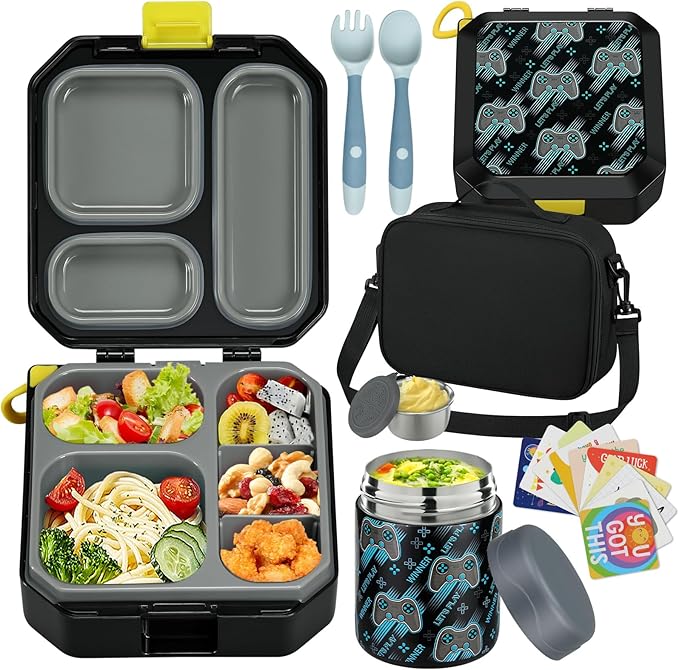 Bento Lunch Box for Kids with 12oz Soup Thermo Leak-Proof Lunch Food Container with 5 Compartment Thermo Hot Food Jar and Insulated Lunch Bag for Kid Toddler Girls Boys to School