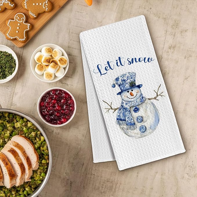 Blue Chinoiserie Christmas Snowman Kitchen Towels, Grandmillennial Xmas Dish Towels Drying Cloth for Kitchen, Let It Snow Winter Snowman Decorative Hand Towel for Bathroom, 16x24 Inch