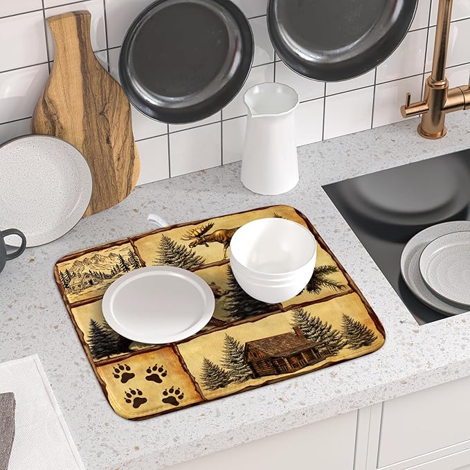 Vintage Bear Moose Dish Drying Mat 16x18 Inch Country Cabin Absorbent Dish Draining Mat Heat Resistant Drying Pad for Counter Sink Home