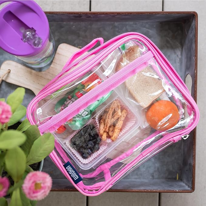 Wildkin Kids Insulated Lunch Box – Durable and Reusable for School & Travel - Clear w/Pink Trim