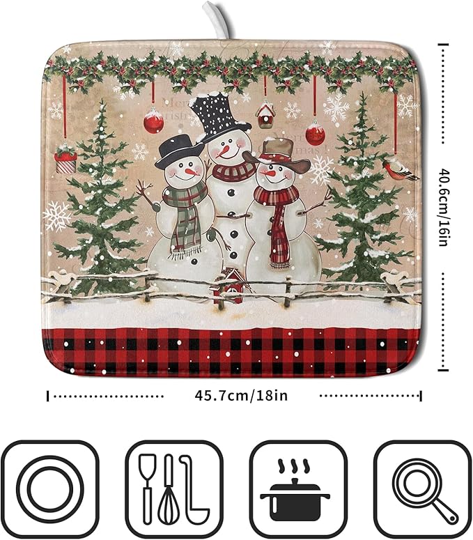 Winter Snowman Dish Drying Mat 16x18 Inch Red Buffalo Plaid Holiday Dish Drainer Mat Absorbent Dish Rack Pad for Kitchen Counter Sink Decor