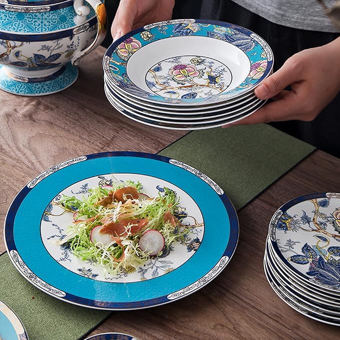 ACMLIFE Bone China Dinnerware Set for 4, 12-Piece Vintage Floral Dinnerware Set, Kitchen Plates and Bowls Set, Christmas Gifts for Women (Blue)