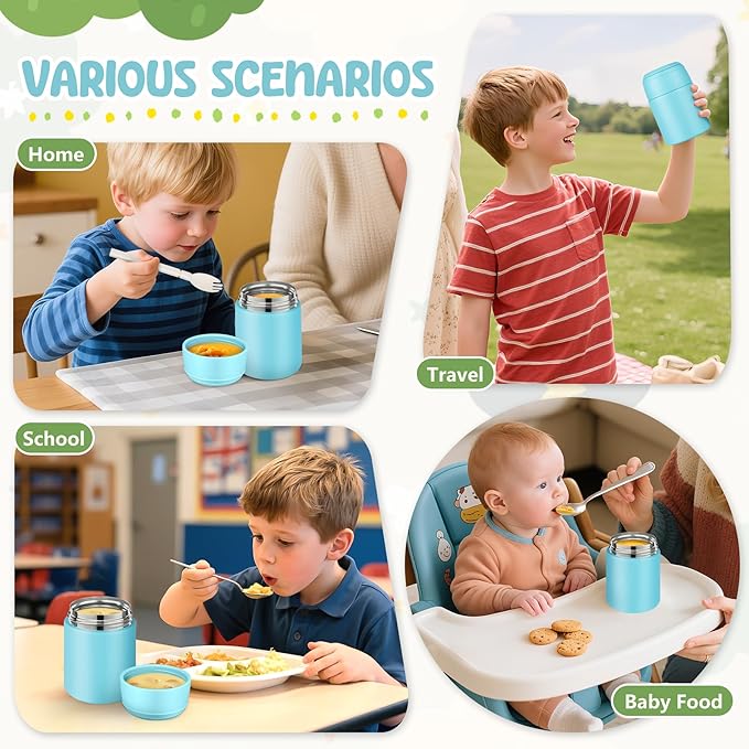 10oz Soup Thermo for Hot Food Kids Insulated Food Jar with Spoon Wide Mouth Stainless Steel Lunch Container Leak Proof Vacuum Food Box for School Travel Picnic Ice Blue