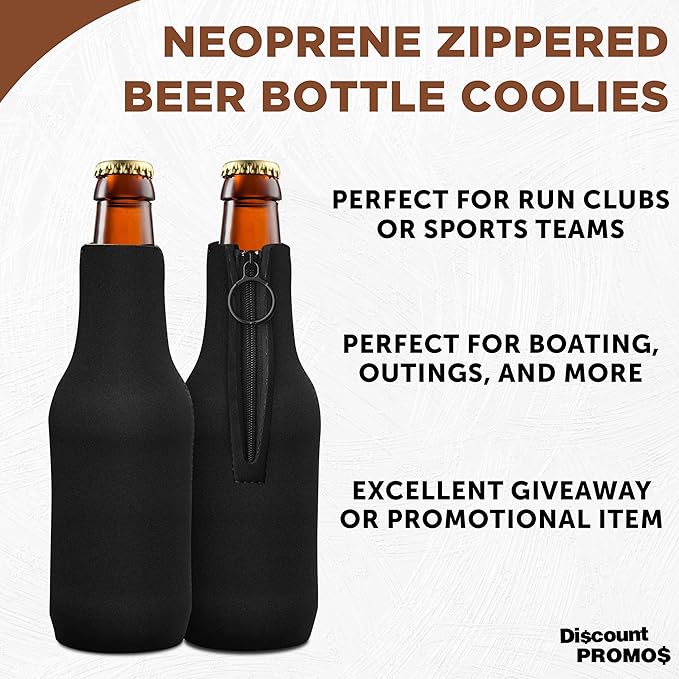 10 Neoprene Zippered Beer Bottle Coolies Pack - Sharkskin Rubber Bottom - Black