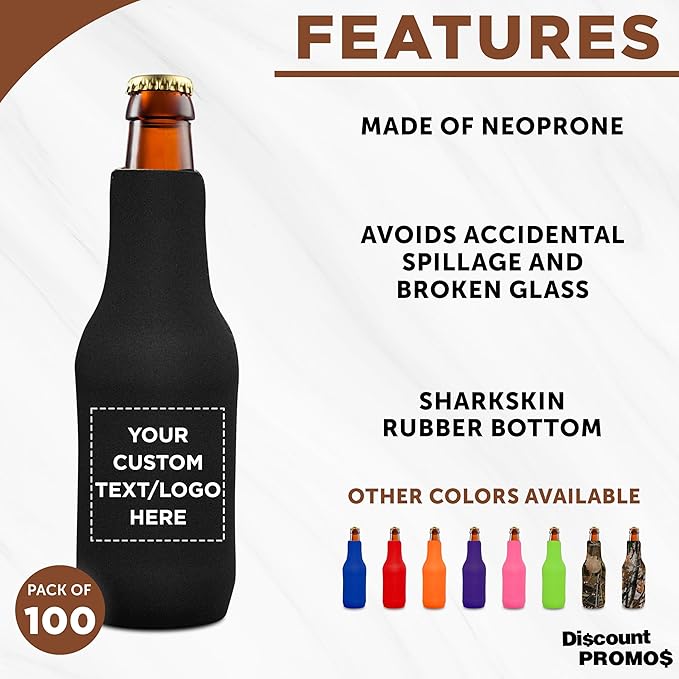 100 Neoprene Zippered Beer Bottle Coolies Pack - Customizable Text, Logo - Sharkskin Rubber Bottom - Black