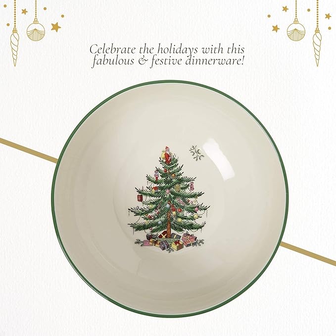 Spode Christmas Tree Round Serving Bowl - 8-Inch Ceramic Bowl for Pasta, Salad, Soup, and Side Dishes - Elegant Porcelain Design, Stackable, Dishwasher & Microwave Safe - Ideal for Holiday Gatherings