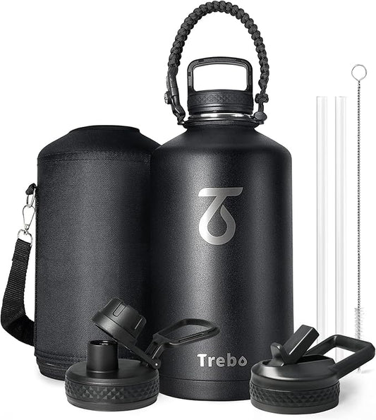 Trebo One Gallon Water Bottle Insulated with Paracord Handle,128oz Large Vacuum Double Wall Stainless Steel Insulated Jug with Straw Spout Handle Lids, Leakproof Keep Cold & Hot,Black