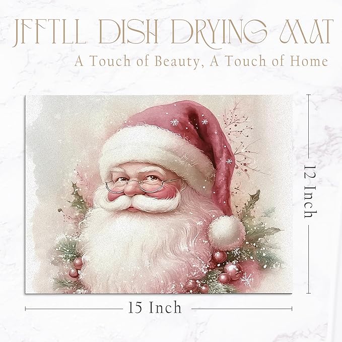 Pink Christmas Santa Dish Drying Mat, Winter Xmas Santa Absorbent Dish Drainer Reusable Washable Drying Mat Pad for Kitchen Counter, Pink Christmas Kitchen Decor, 12×15 Inch