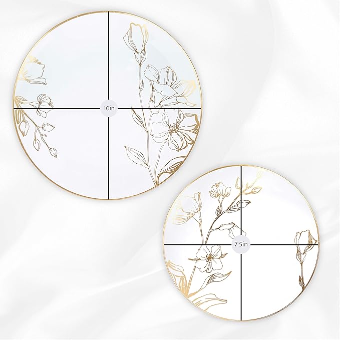 PLASTICPRO 80 Piece Combo Plates Set includes 40-7'' inch Plates & 40-10'' inch Plate White Plastic Floral Design Party Plates With Gold Rim, Premium heavyweight Elegant, Tableware,