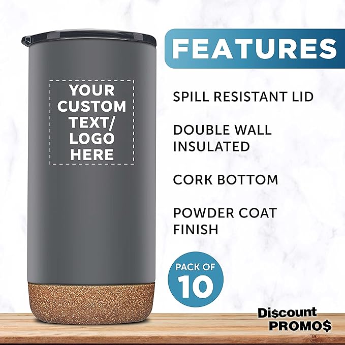 Custom Travel Tumblers with Cork Bottom 16 oz. Set of 10, Personalized Bulk Pack - Double Wall Insulated, Matte Finish, Perfect for Iced Coffee, Soda, Other Beverages - Grey