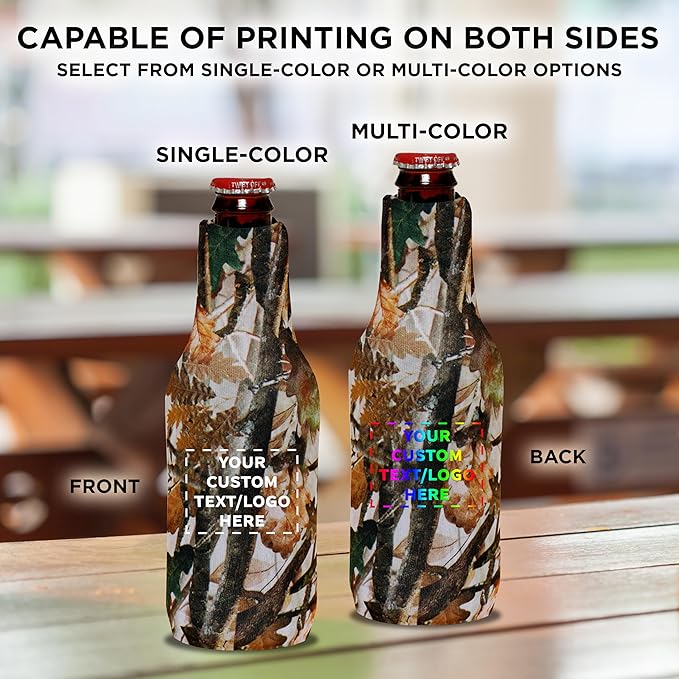 100 Neoprene Zippered Beer Bottle Coolies Pack - Customizable Text, Logo - Sharkskin Rubber Bottom - Camo3