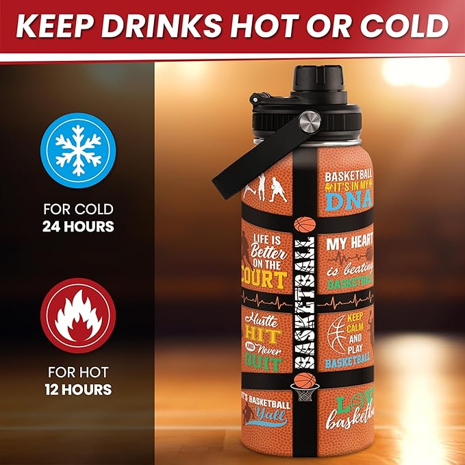 Basketball Water Bottle 32oz, Stainless Steel Insulated Sports Bottle with Lid, Basketball Gifts for Men Players Lovers Fan
