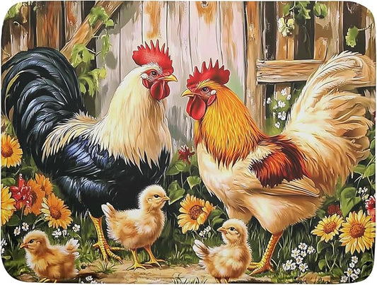 Rooster Dish Drying Mat 18x24 Inch, Rustic Country Farm Chickens Wooden Fence Absorbent Microfiber Non-Slip Counter Rack Sink Drainer Pad for Kitchen Countertop Table Decor