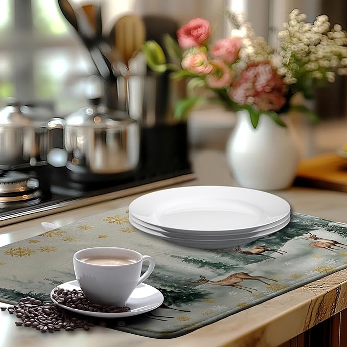 Winter Deer Snowflakes Dish Drying Mat Christmas Snow Forest Large Kitchen Mats Dish Drying Pad Absorbent Dish Dryer Mat for Kitchen Countertops Microfiber Drainer Pad Dish Drying Mats (18x24 in)