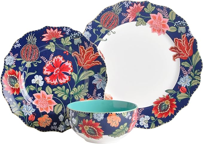 222 Fifth 12-Piece Porcelain Dinnerware Set for 4, White & Parisian Blue Plates and Bowls Set with Gold Rim, Glossy Ceramic Dish Set with Detailed Floral Design, Microwave & Dishwasher Safe, Chintz