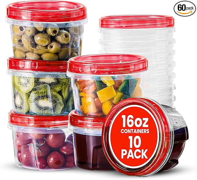 RFAQK 10 PCS Freezer Storage Containers-[10*16 OZ] Plastic Food Storage Containers with Twist Top Lids-BPA Free Leakproof Jars-Deli Container Stackable Meal Prep Reusable Box for Lunch,Soup,Oats,Gym
