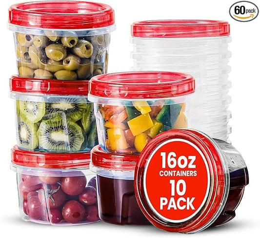 RFAQK 10 PCS Freezer Storage Containers-[10*16 OZ] Plastic Food Storage Containers with Twist Top Lids-BPA Free Leakproof Jars-Deli Container Stackable Meal Prep Reusable Box for Lunch,Soup,Oats,Gym
