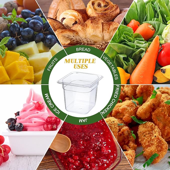 Yinder 12 Pcs Plastic Clear Food Pans 1/6 Size Stackable Polycarbonate Food Containers with Capacity Indicator Restaurant Commercial Hotel Pan for Fruits Vegetables Beans Corns (4'' Deep)