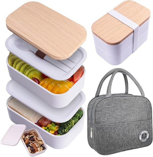 Bento Box with Lunch Bag Microwavable All-in-One Meal Prep Compartment Lunch Containers with Utensils Leak Resistant Lunch Box with Sauce Container 60oz White