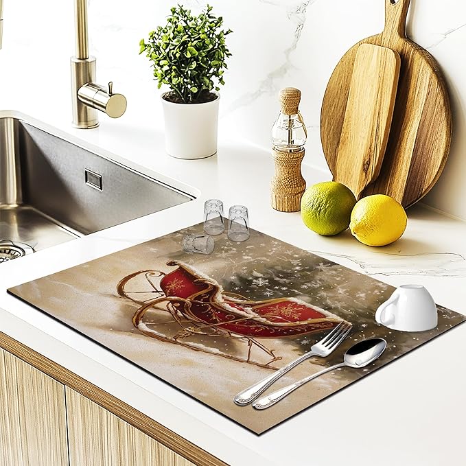 Winter Christmas Sleigh Dish Drying Mat, Vintage Xmas Holiday Absorbent Dish Drainer Reusable Washable Drying Mat Pad for Kitchen Counter, Rustic Christmas Decor, 12×15 Inch