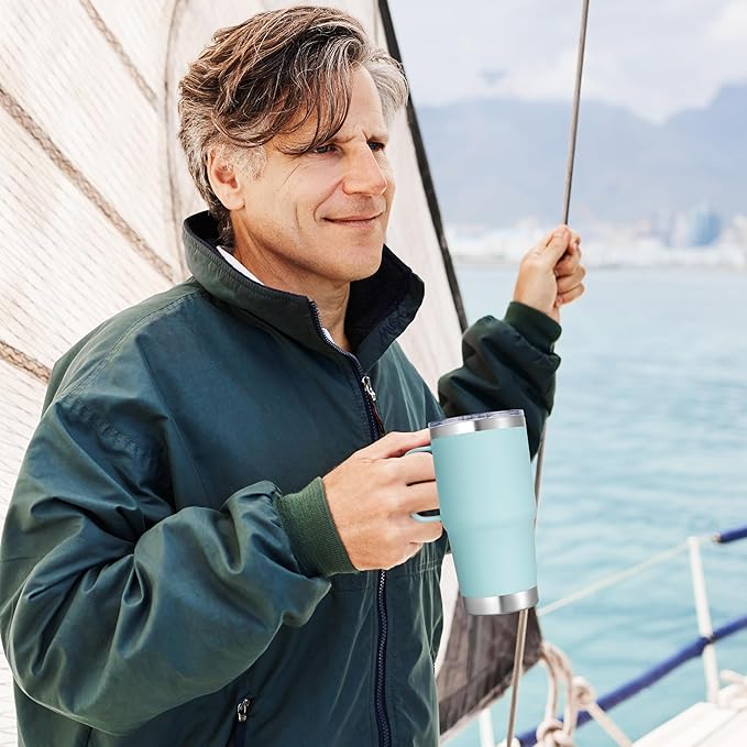 20 oz Stainless Steel Tumbler with Handle Bulk Metal Insulated Tumblers Travel Coffee Mug with Handle Double Wall Tumbler Cup with Lid and Straw, Mint Green 12 Pack