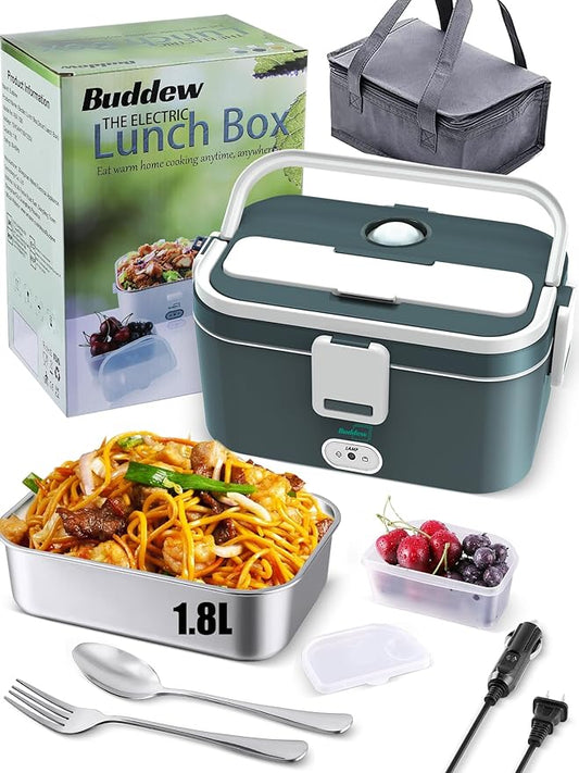Buddew Electric Lunch Box for Adults, 80W Heated Lunch Box 1.8L Stainless Steel Portable Food Warmer,12/24/110V Lonchera Electrica Portatil for Travel & Work, Loncheras para Hombres de Trabajo
