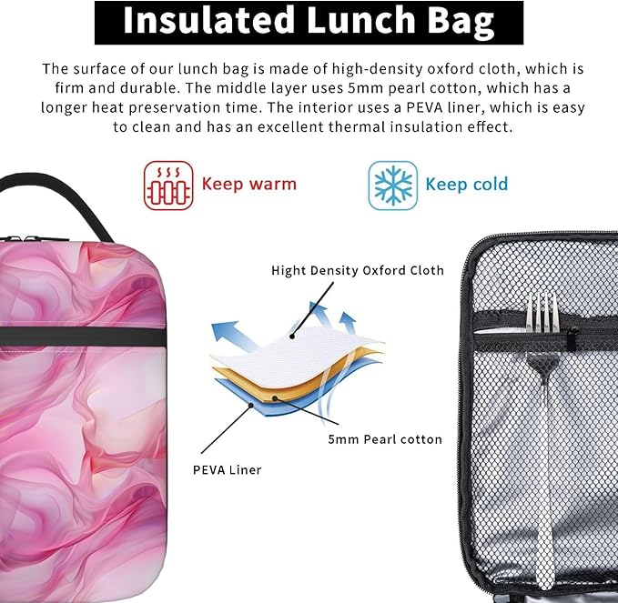 Pink Marble Lunch Box for Women Men, Insulated Lunch Box, Reusable Lunch Bag for Office, Work, Picnic, Travel