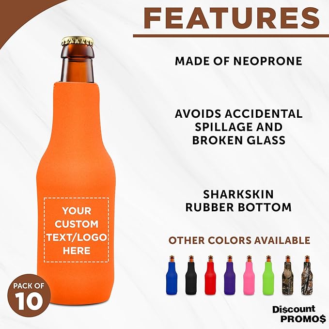 10 Neoprene Zippered Beer Bottle Coolies Pack - Customizable Text, Logo - Sharkskin Rubber Bottom - Neon Orange