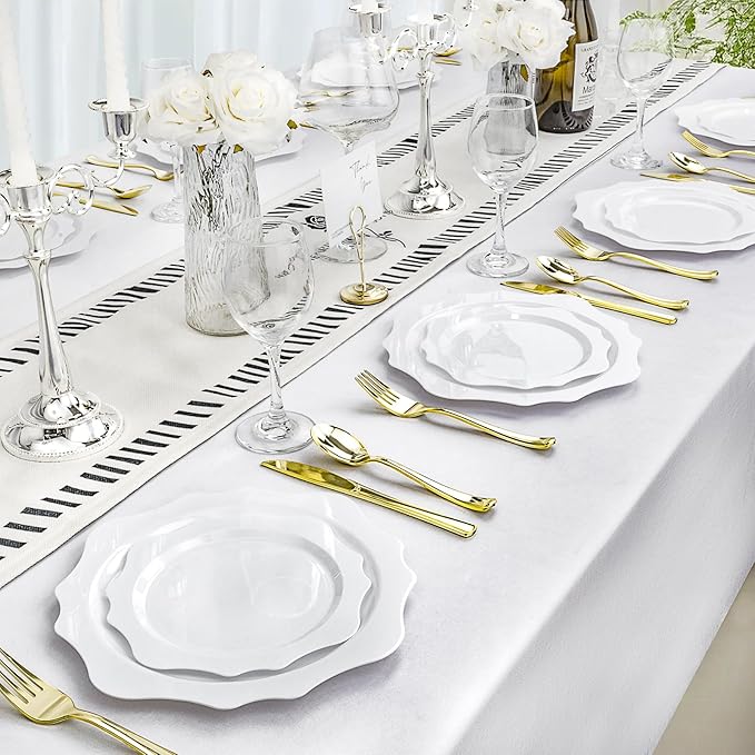 100 PCS White Disposable Plates for 50 Guests, Scalloped Plastic Plates Include 50 Dinner Plates and 50 Dessert Plates for Party, Wedding