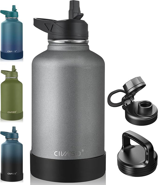 CIVAGO 64 oz Insulated Water Bottle With Straw, Half Gallon Stainless Steel Sports Water Flask Jug with 3 Lids (Straw, Spout and Handle Lid), Large Metal Thermal Cup Mug, Cool Gray