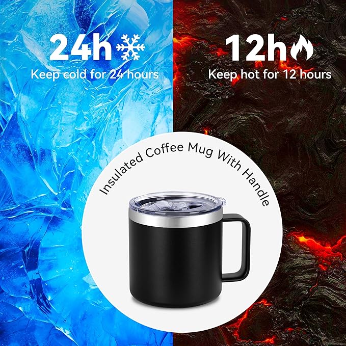 VEGOND 14 oz Insulated Coffee Mug Bulk with Handle, Stainless Steel Travel Coffee Mug with Lid, Double Wall Vacuum Metal Coffee Cup, Coffee Tumbler Powder Coated, Black 8 Pack