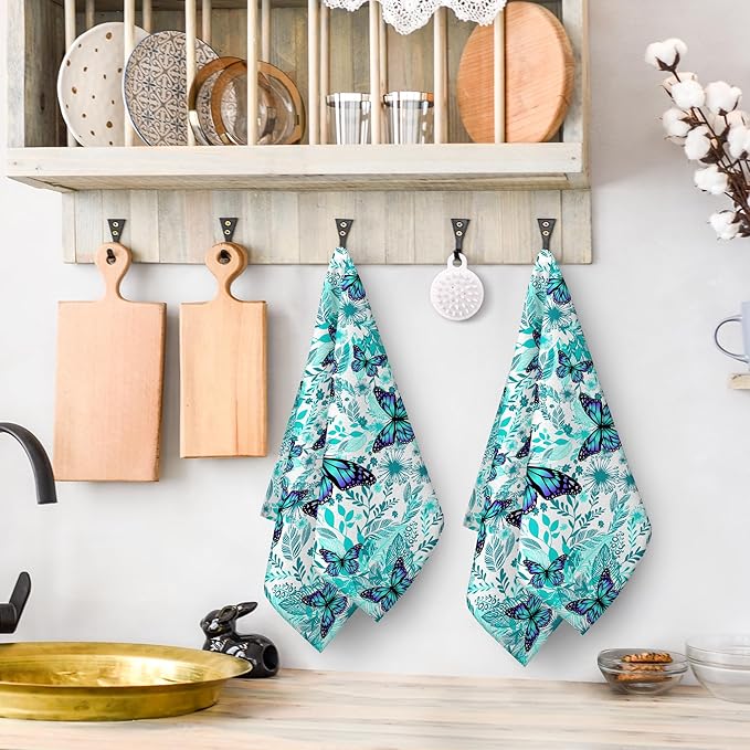 Butterfly Green Kitchen Towels Decorative Set of 2, Soft Absorbent Botanic Dish Towels for Kitchen, Bar Tea Towels Hand Towels for Bathroom Farmhouse Spring Summer Decor