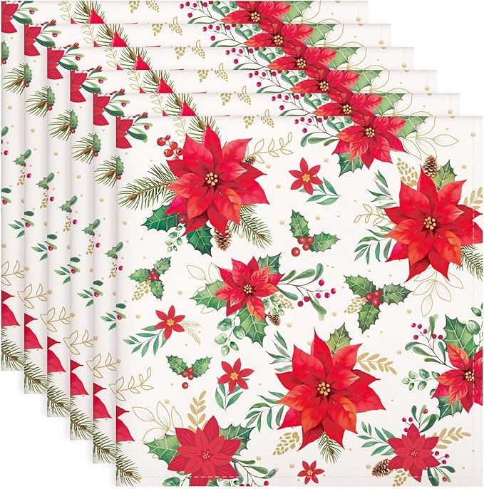 Christmas Red Flower Napkins, 18×18 Inch Dinner Cloth Napkins Set of 6, Washable Cotton Soft Absorbent Square Napkins for Dining Kitchen Party Wedding Decoration