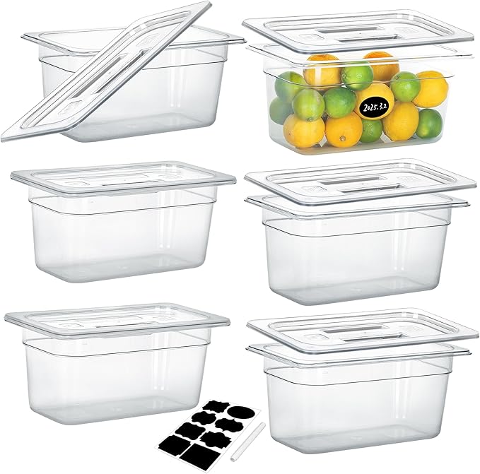 6 Pack NSF Food Pans with Lids, 1/3 Size 6'' Deep Commercial Food Storage Containers, Polycarbonate, Clear