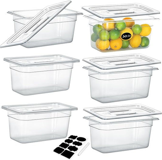 6 Pack NSF Food Pans with Lids, 1/3 Size 6'' Deep Commercial Food Storage Containers, Polycarbonate, Clear