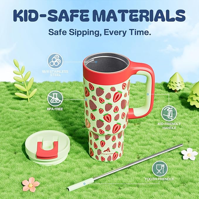 24 oz Metal Tumbler Cup for Girls: Easy Grip Handle, Leak-Proof when Sealed, Easy to Clean, Double Wall Vacuum Cup for Home, School, Daycare, Party, Picnic, Hiking, Travel, Gift (Strawberry Pop)
